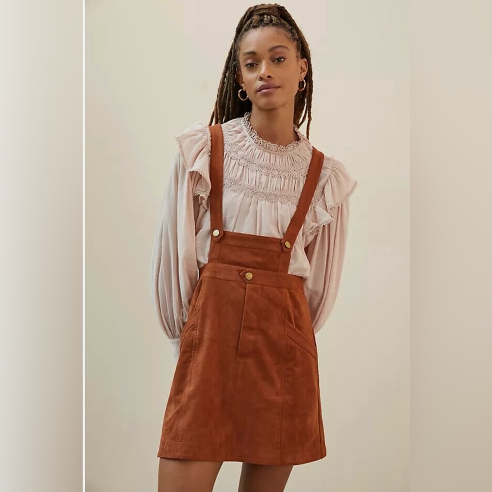 Anthropologie Dress Rust Brown Orange Pinafore Faux Suede 10 Suspender Overall